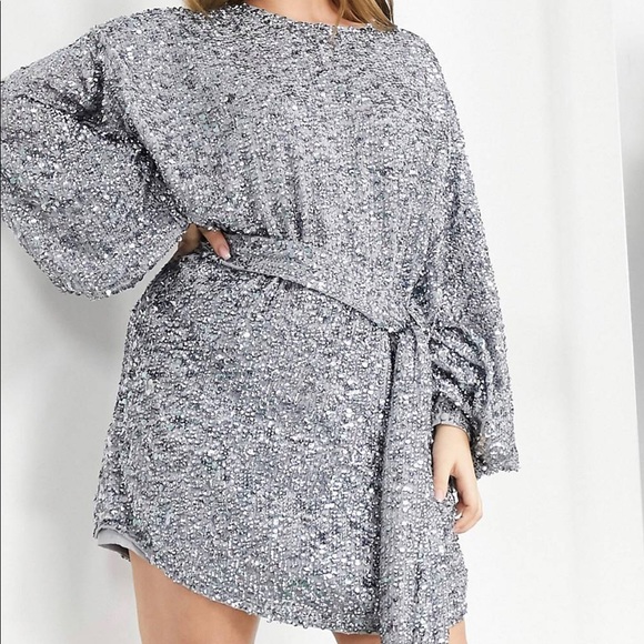 ASOS Edition Curve mixed sequins mini dress with oversized blossom sleeves - Picture 2 of 6